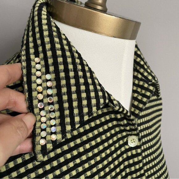 Vintage 90s Green Black Gingham Check Long Sleeve Knit Button Shirt Top - S - Picture 4 of 9